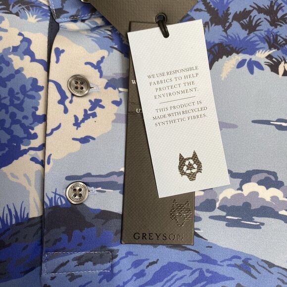 Greyson Polo Shirt Men L Blue Mountains Print Performance Golf Activewear Preppy - Picture 8 of 8